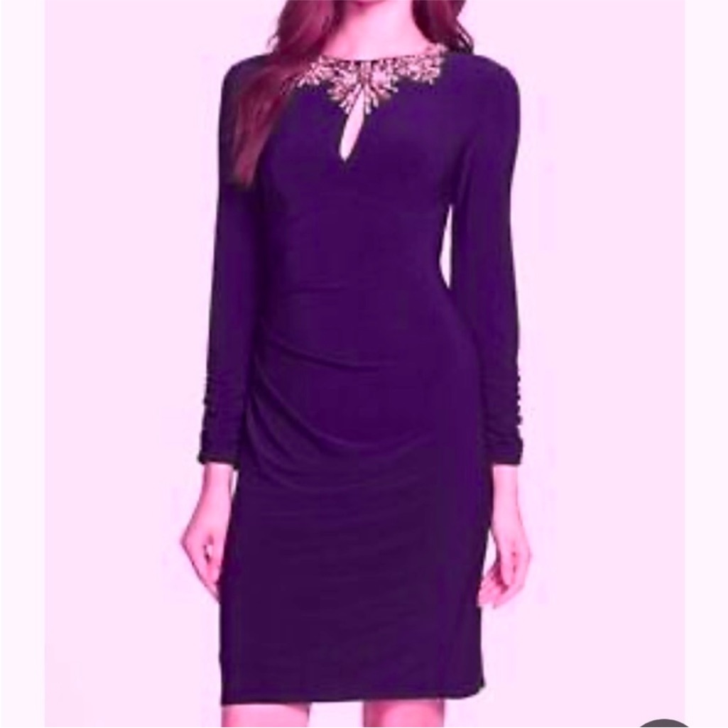 Vince Camuto Embellished Keyhole Beaded Stretchy Gathered Ruched Sheath Dress